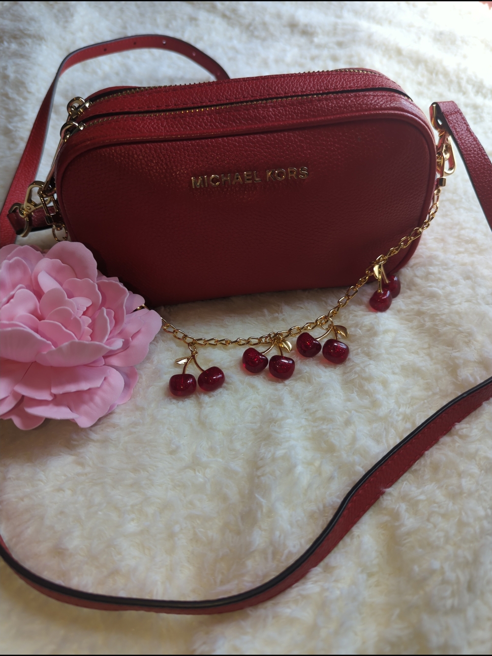 Michael Kors Red Pebbled Leather Crossbody with Cherry Chain Charm Cute - Picture 5 of 5